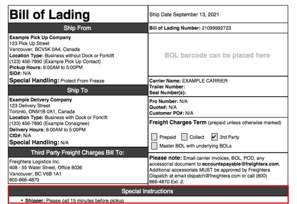 A freightera bill of lading showcasing the special instructions field